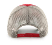Rear view of a trucker-style baseball cap with a beige mesh back and red accents on the top button, crown, and adjustable strap.