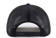 Black mesh trucker cap viewed from the back, showing the adjustable snap closure on a white background.