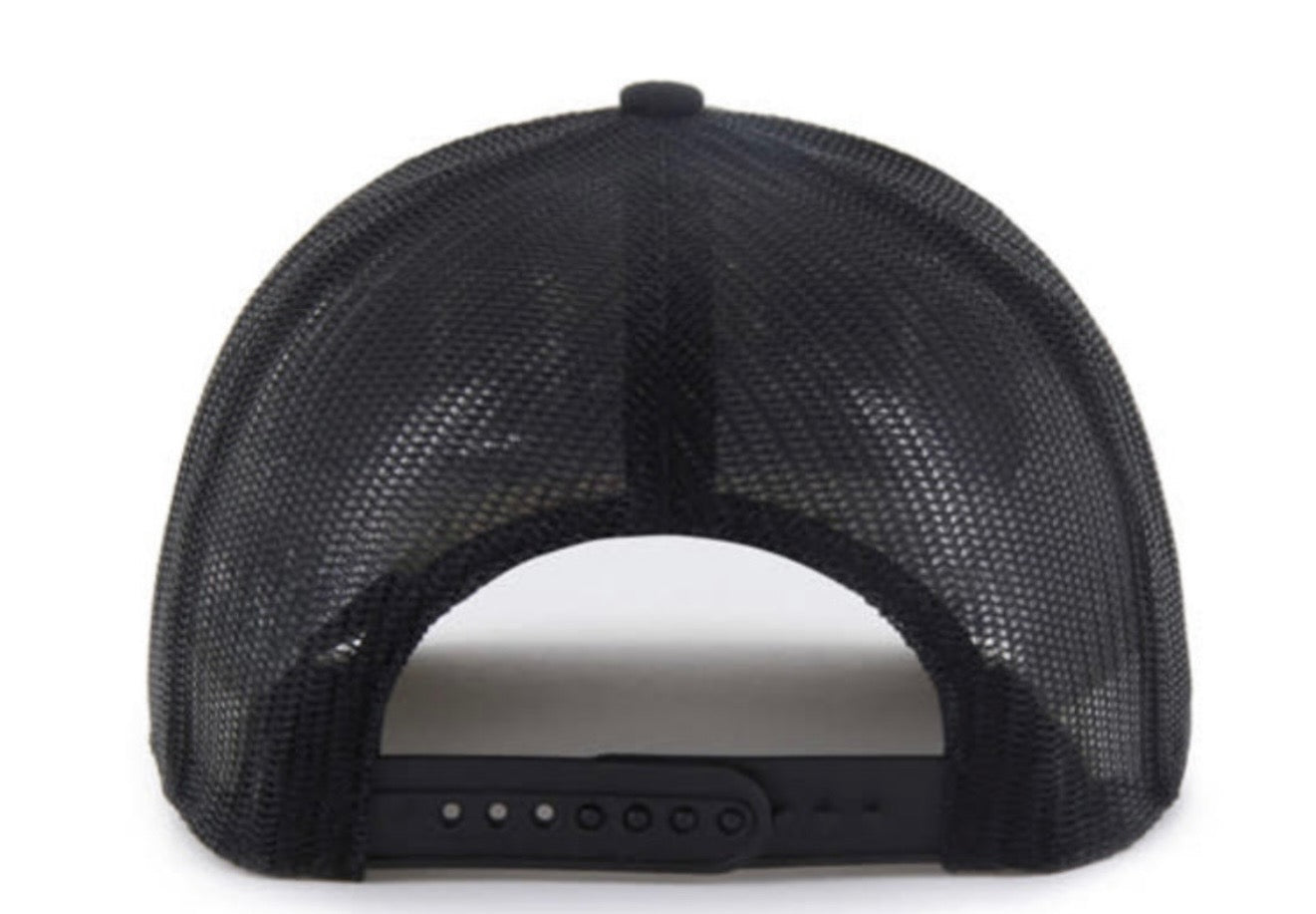 Black mesh trucker cap viewed from the back, showing the adjustable snap closure on a white background.