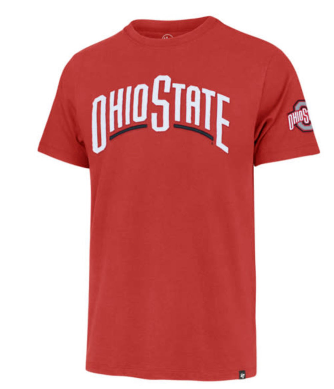 A red short-sleeve t-shirt with 'OHIO STATE' printed across the chest in white arched letters with a navy and red underline, and an Ohio State logo on the sleeve.