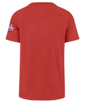 A red short-sleeve t-shirt shown from the back, featuring a small Ohio State logo patch on the left sleeve, set against a plain white background.