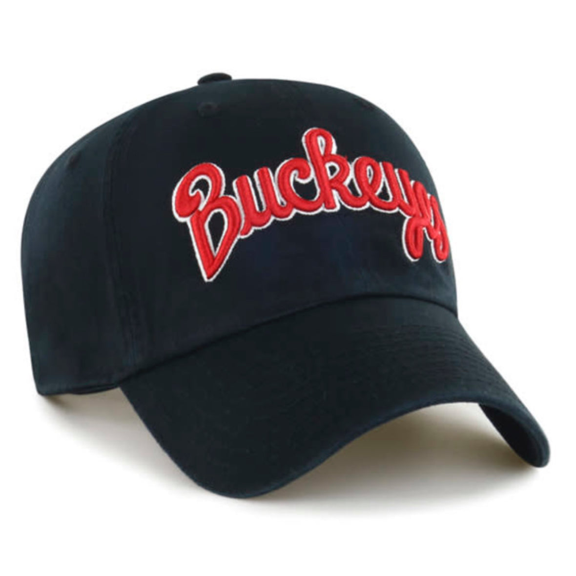 A dark navy blue baseball cap featuring the word 'Buckeye' embroidered in red cursive with a white outline across the front panels.
