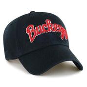 A dark navy blue baseball cap featuring the word 'Buckeye' embroidered in red cursive with a white outline across the front panels.