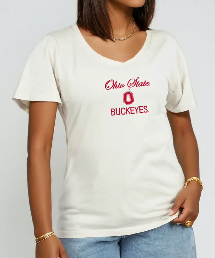 Ohio State Buckeye Laguna V-neck tee on woman
