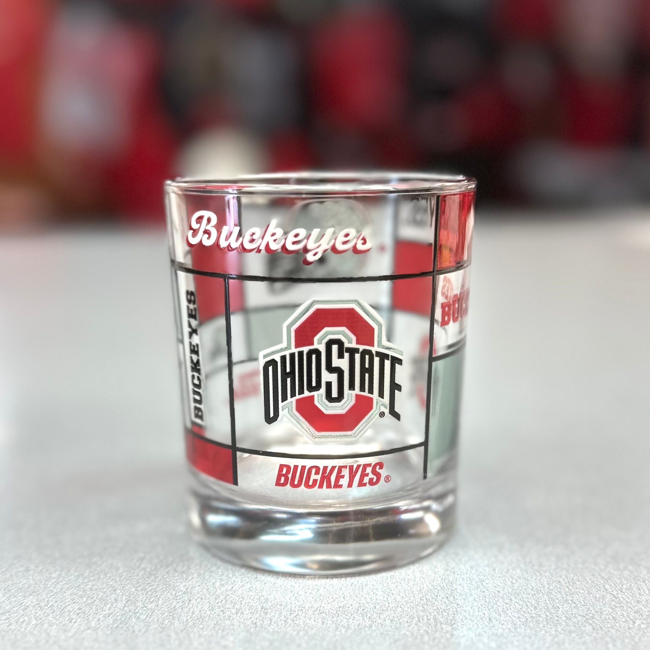 Ohio State Buckeyes 12oz rocks glass with quilted stained glass design