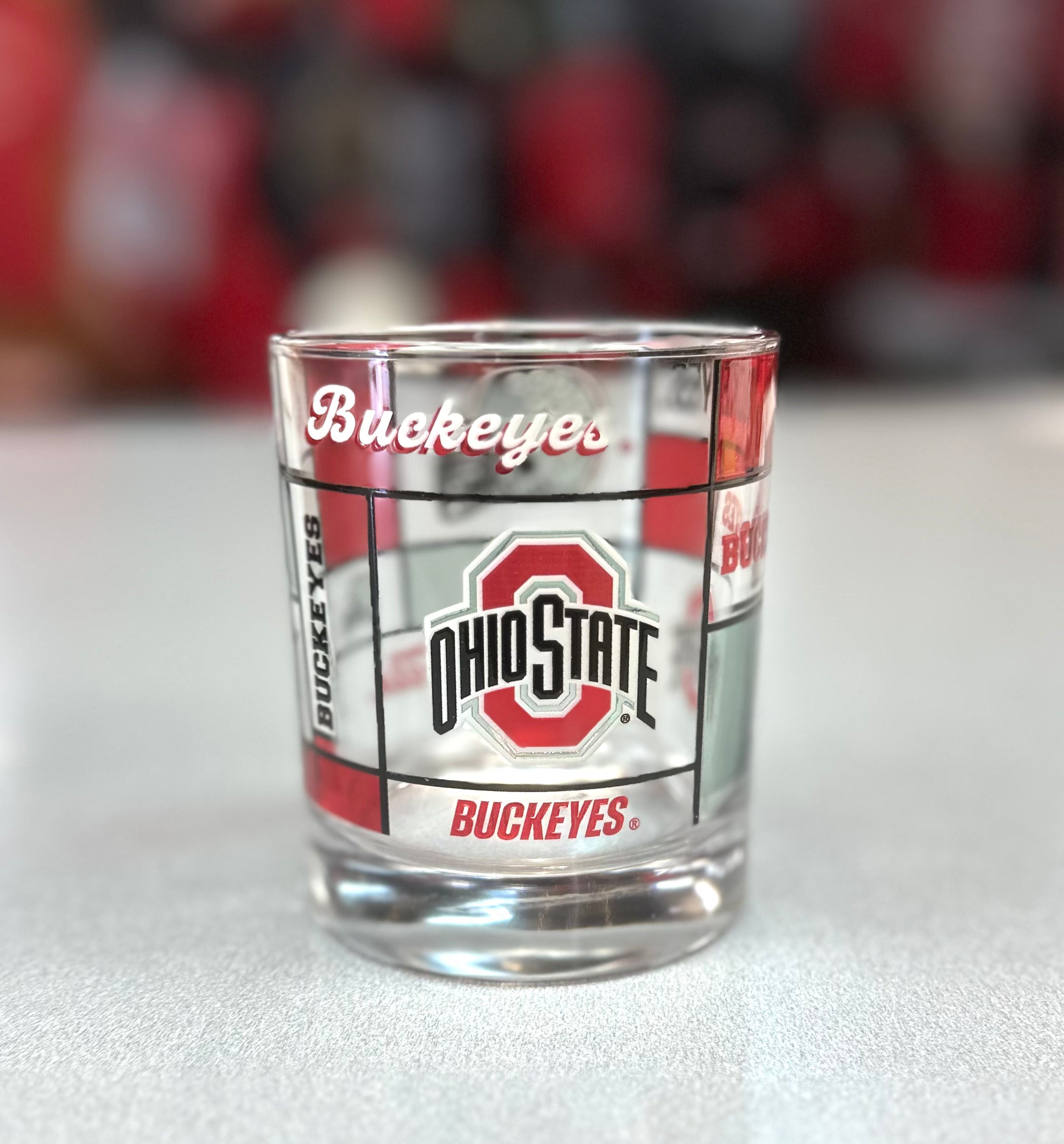 Ohio State Buckeyes 12oz rocks glass with quilted stained glass design