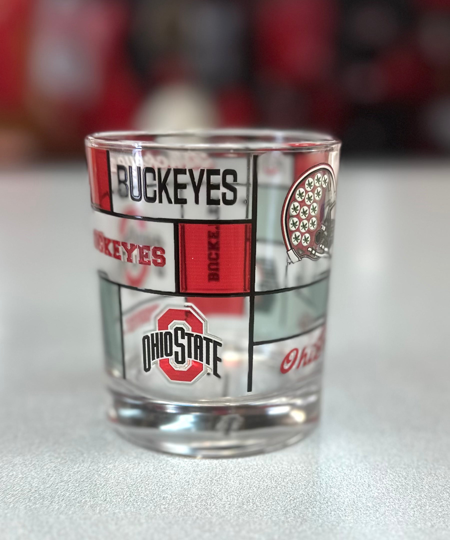 Stained glass style Buckeye whiskey glass with Ohio State logo