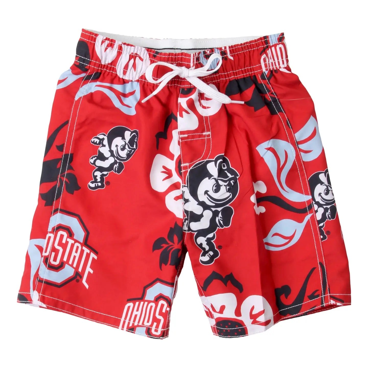 Red swim shorts with black and white graphics on a white background