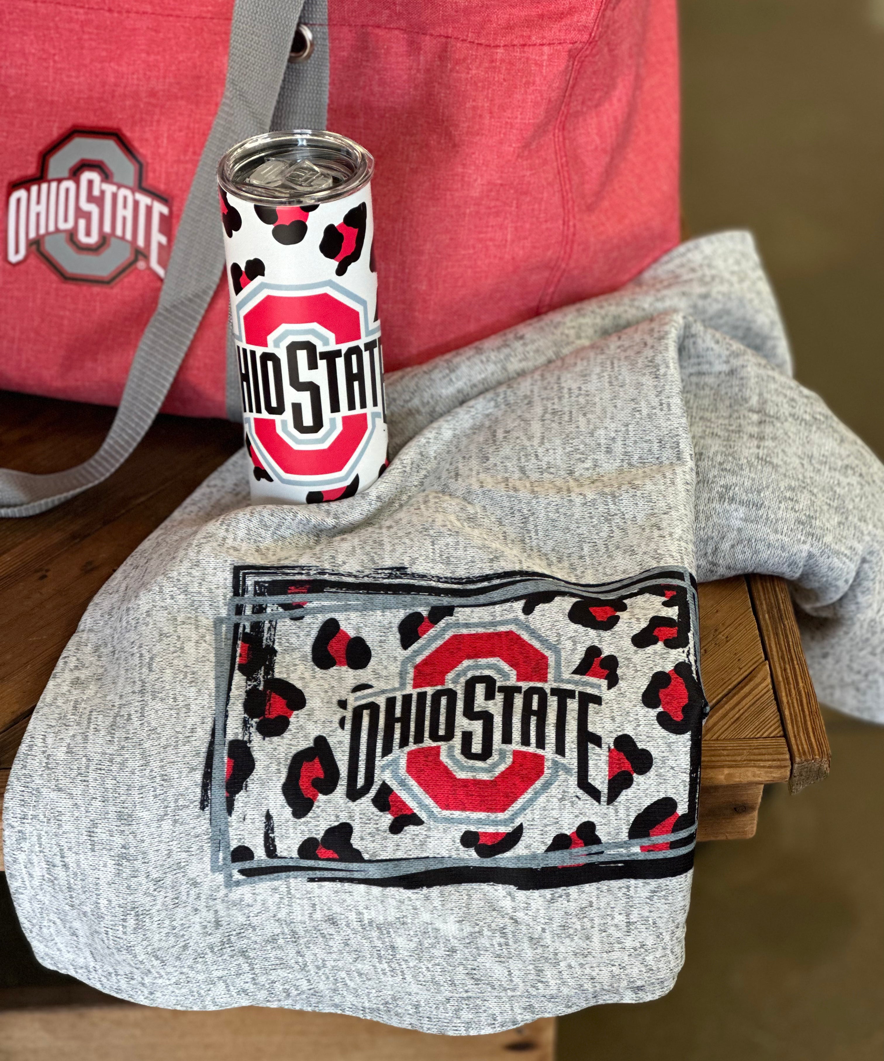 Ohio State University Leopard Throw Blanket and tumbler