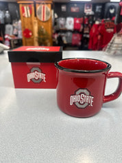 gift box next to cup Durable enamel finish red cup