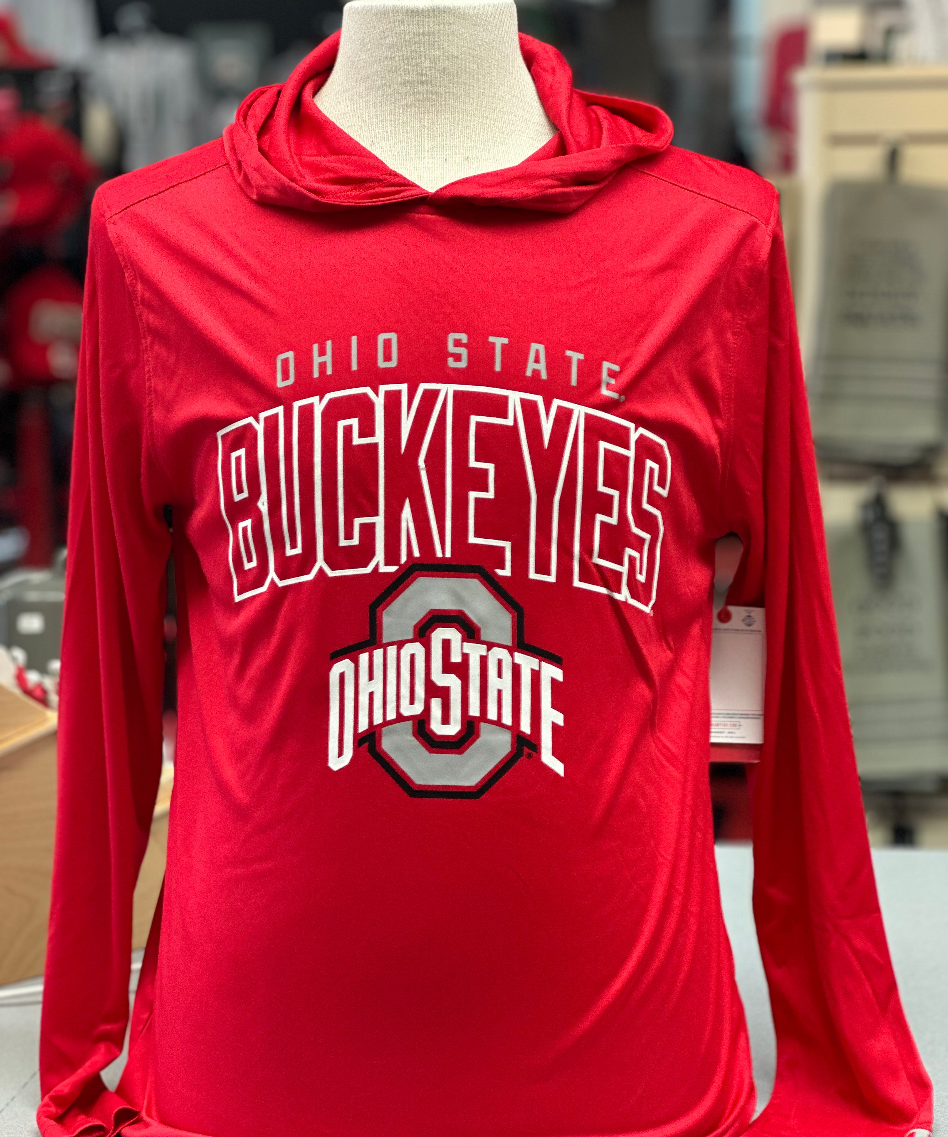 red SLEEVE HOODED PERFORMANCE SHIRT with ohio state logo