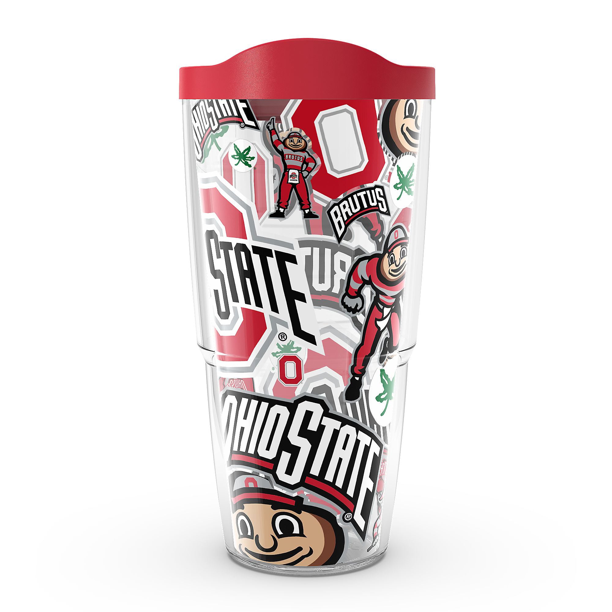 A clear 20 oz travel tumbler with a red lid, featuring a collage of Ohio State Buckeyes graphics, logos, and mascot illustrations on a white background.