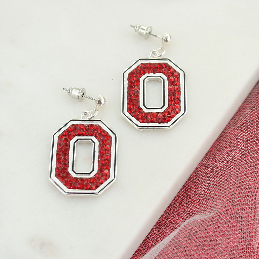 earrings, red rhinestone Ohio State logo charms