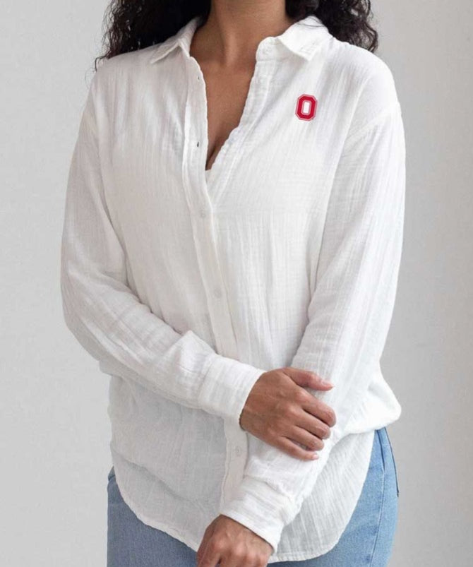 OHIO STATE LEISURE LONG SLEEVE BUTTON-UP WITH BLOCK O EMBROIDERY - WHITE