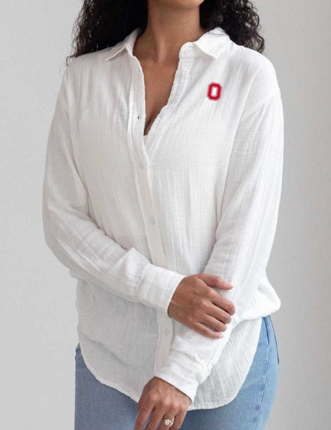 OHIO STATE LEISURE LONG SLEEVE BUTTON-UP WITH BLOCK O EMBROIDERY - WHITE
