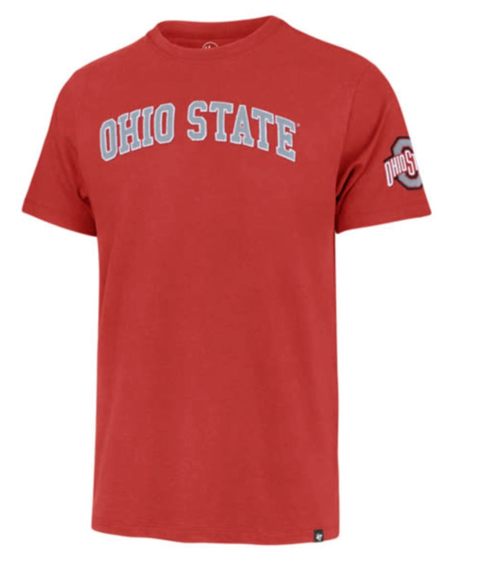 OHIO STATE BUCKEYES RACER RED FRANKLIN FIELDHOUSE TEE WITH OHIO STATE ARCH AND LOGO ON SLEEVE BY ’47 BRAND