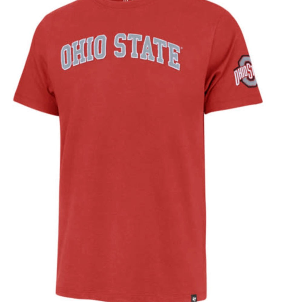 OHIO STATE BUCKEYES RACER RED FRANKLIN FIELDHOUSE TEE WITH OHIO STATE ARCH AND LOGO ON SLEEVE BY ’47 BRAND