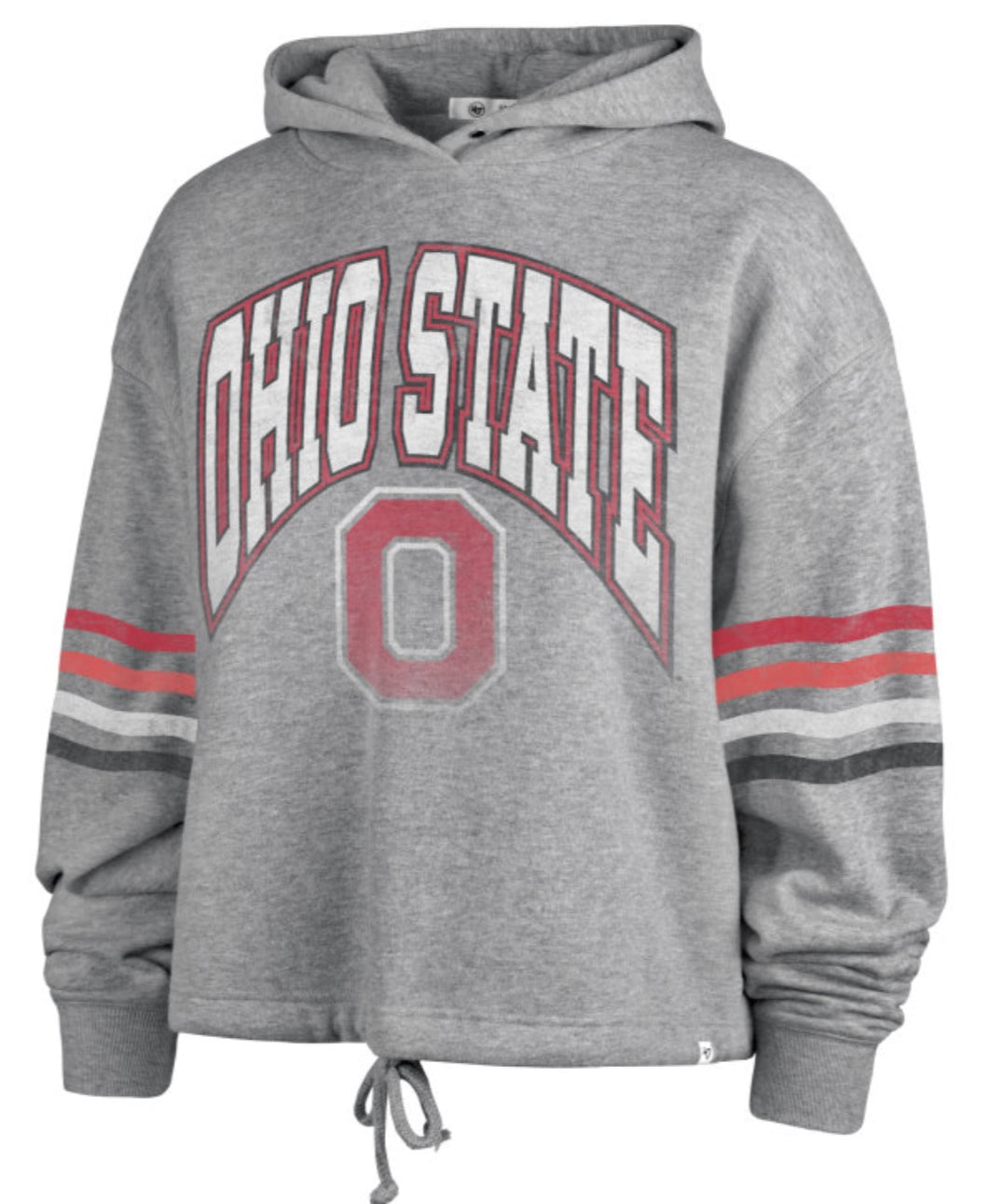 OHIO STATE BUCKEYES SLATE GREY UPLAND BENNETT HOOD WOMEN NY ’47 BRAND  RETRO STRIPPED SLEEVES OHIO STATE ARCH LOGO