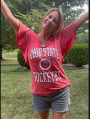 lynn wearing "Ohio State Buckeyes relaxed fit women’s tee with flowy sleeves