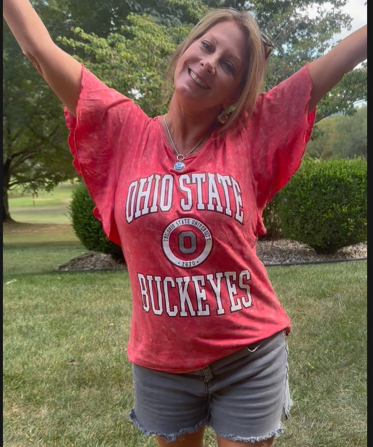 lynn wearing "Ohio State Buckeyes relaxed fit women’s tee with flowy sleeves