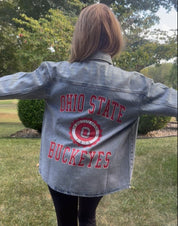 Game day Buckeye fan gear in blue jean with back Ohio State graphic