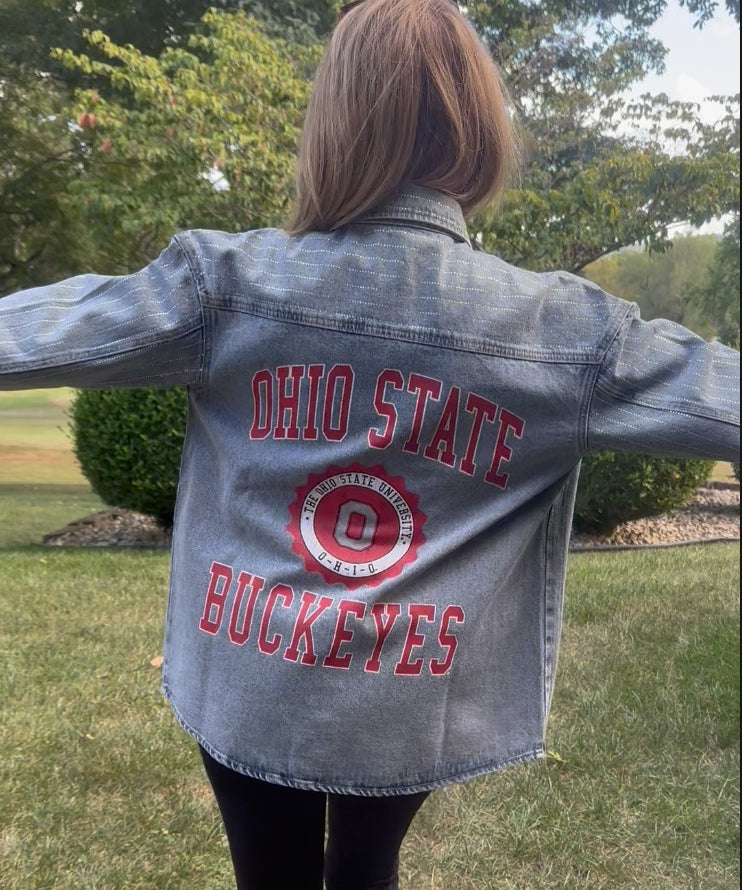Game day Buckeye fan gear in blue jean with back Ohio State graphic