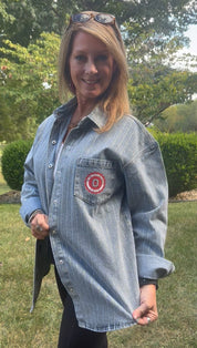 Ohio State Buckeyes blue denim overshirt with micro-rhinestone pinstripes