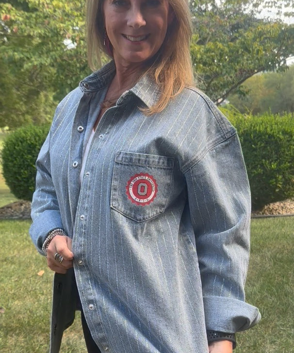 Ohio State Buckeyes blue denim overshirt with micro-rhinestone pinstripes