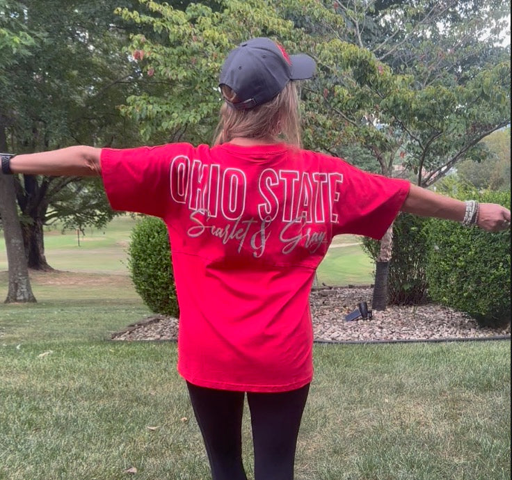 Boyfriend fit Buckeyes T-shirt in red cotton with front leather logo
