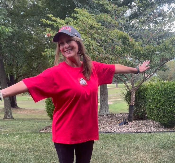 lynn wearing  Oversized red Ohio State Buckeye tee 