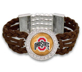 OHIO STATE BUCKEYES BROWN BRAIDED SUEDE BRACELET WITH CRYSTAL LOGO – STRETCH FIT