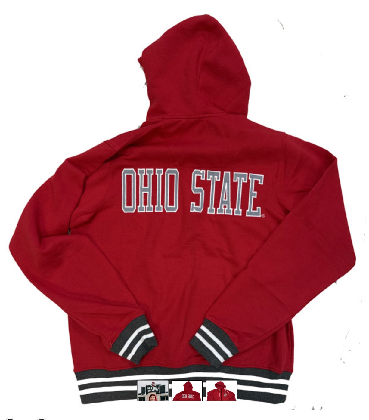 Red hoodie with 'OHIO STATE' text on the back against a white background