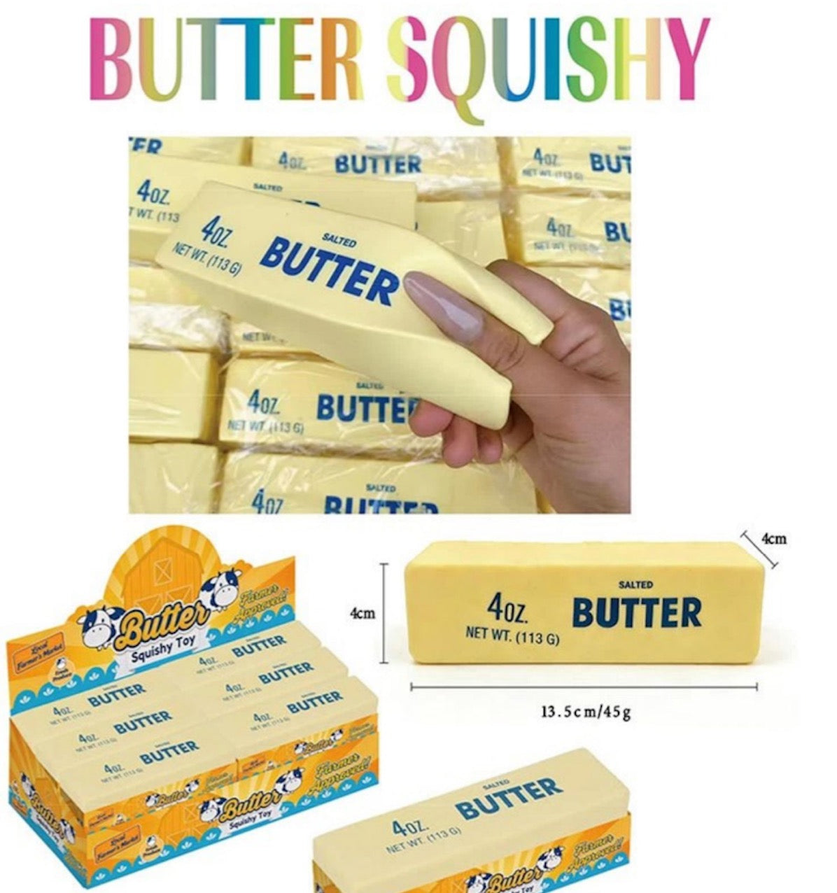 Butter squishy toy with packaging and measurements on a white background