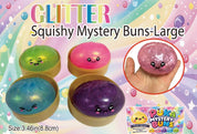 Glitter Squishy Mystery Buns with colorful packaging on a pastel rainbow background