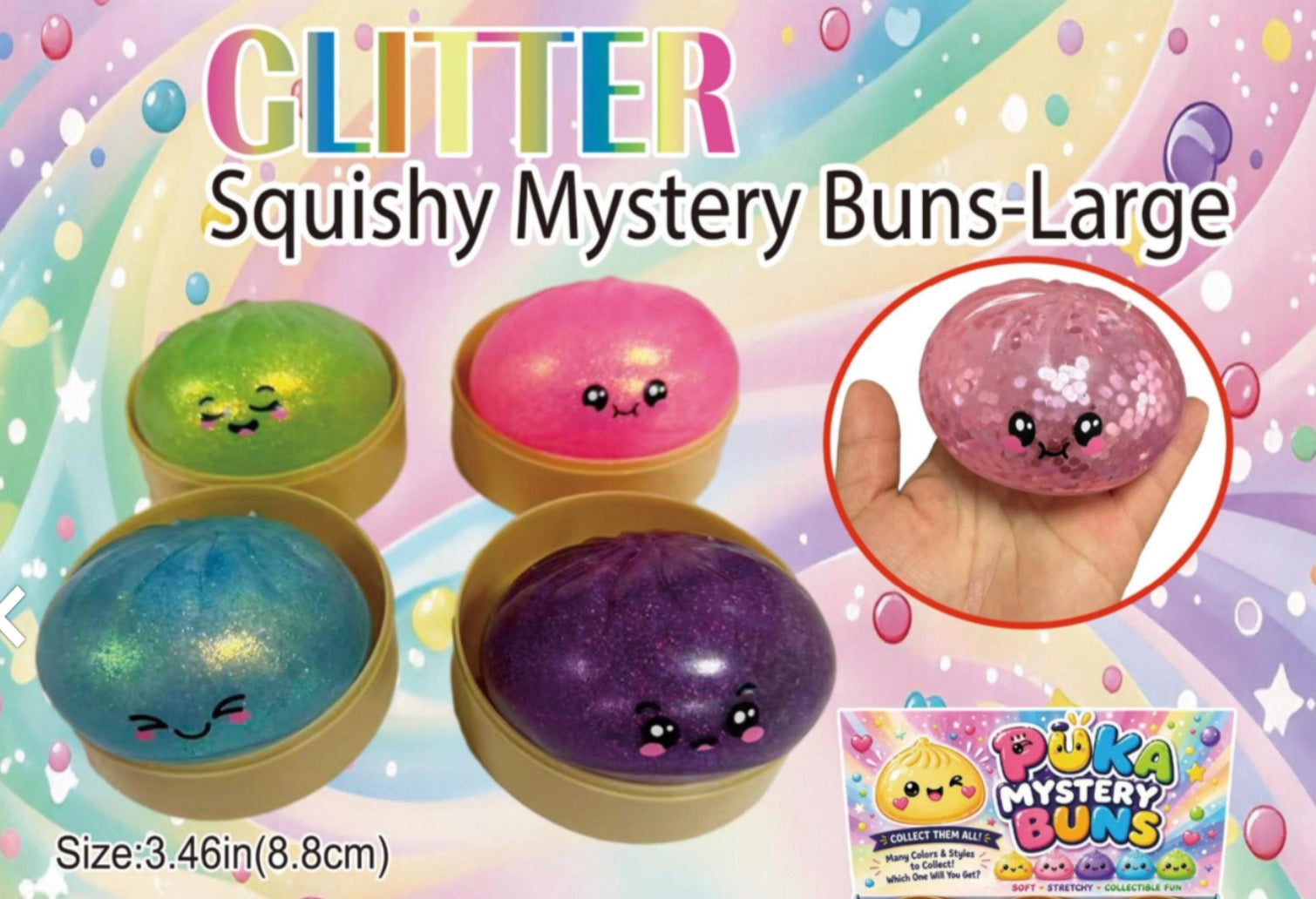 Glitter Squishy Mystery Buns with colorful packaging on a pastel rainbow background