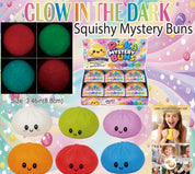 Glow in the dark squishy mystery buns with packaging and color options on a colorful background.