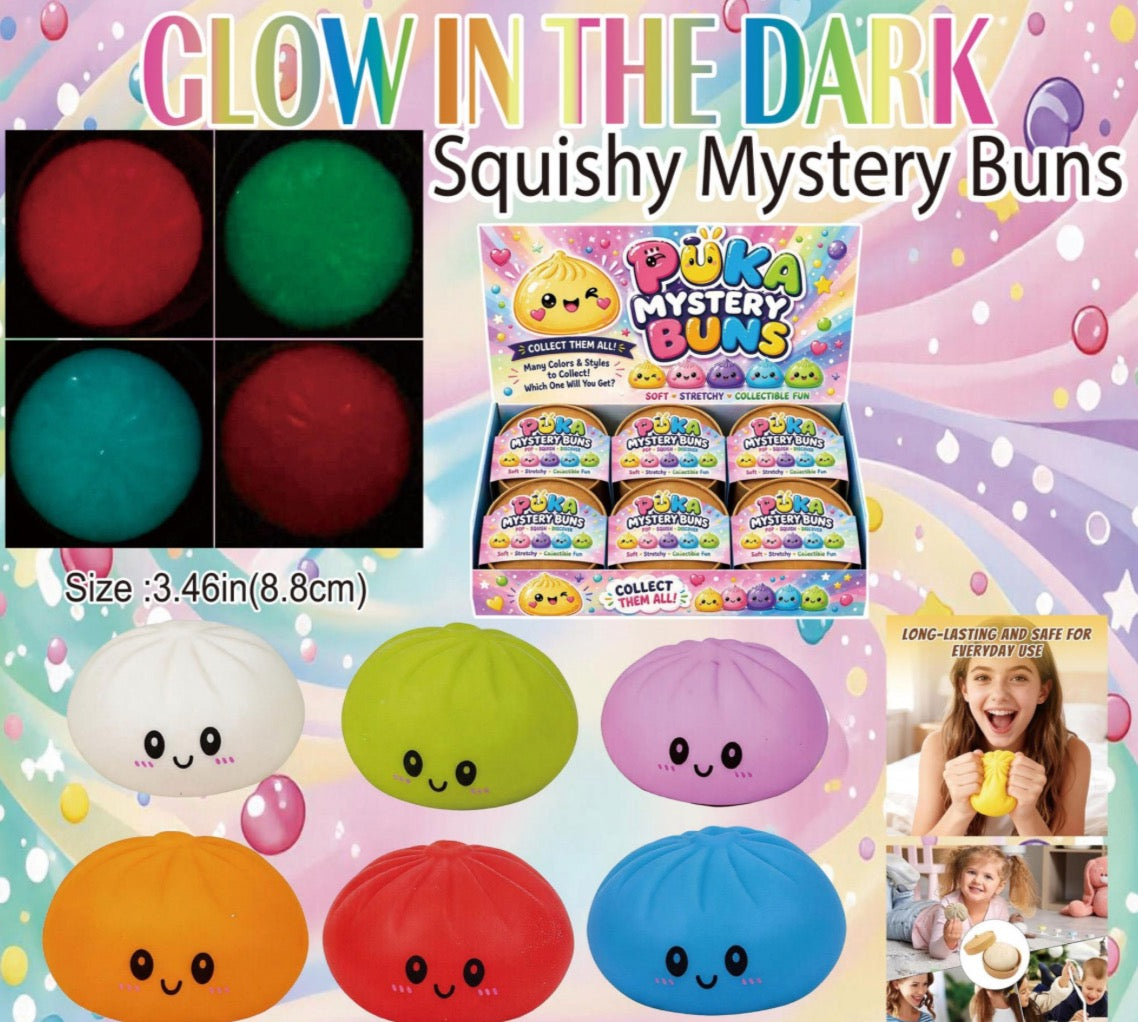 Glow in the dark squishy mystery buns with packaging and color options on a colorful background.