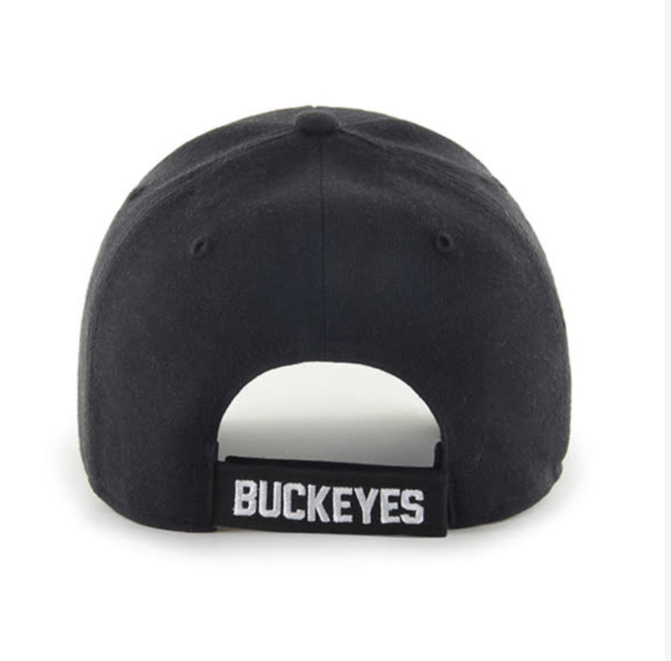 Black baseball cap shown from the back, featuring a black adjustable strap with 'BUCKEYES' printed in white capital letters.
