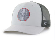 A white and dark gray trucker hat with a circular embroidered logo on the front and a '47 brand mark on the side mesh.