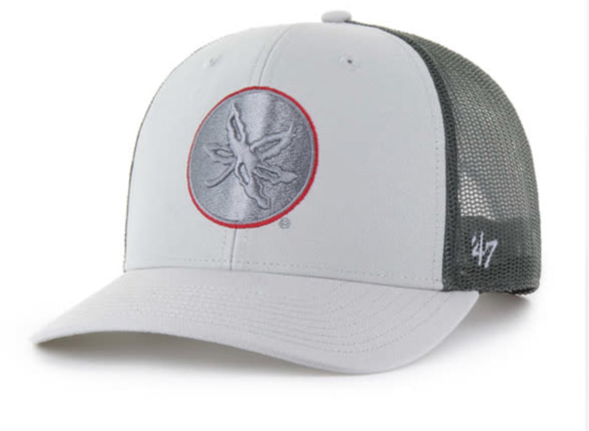 A white and dark gray trucker hat with a circular embroidered logo on the front and a '47 brand mark on the side mesh.