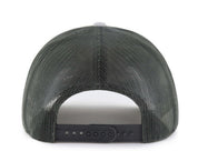The back view of a dark gray mesh trucker hat with a black adjustable snapback strap on a white background.