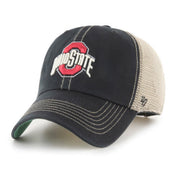 A black and beige trucker hat featuring the Ohio State Buckeyes logo embroidered on the front, with '47 branding on the side mesh.