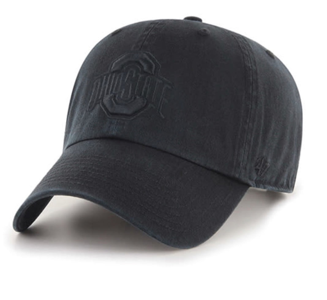 A dark washed black baseball cap featuring an embossed Ohio State logo on the front and a subtle '47' brand logo on the side, set against a plain white background.