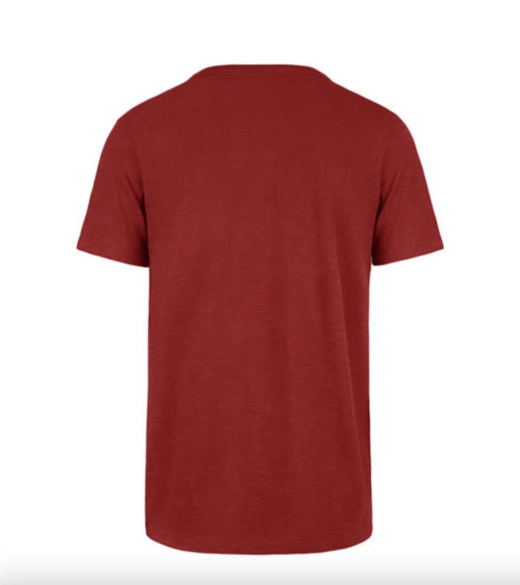 A short-sleeve crewneck t-shirt shown from the back, in a solid heathered dark red color, displayed on a clean white background.