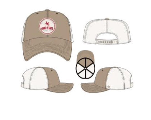 A product mockup showing multiple views of a trucker-style baseball cap in tan and white, with an Ohio State logo patch on the front. The views include a straight-on front, back, side, and top-down perspective on a plain white background.
