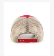 Back view of a trucker-style baseball cap with beige mesh back panels, a red curved top panel, and a red adjustable strap.