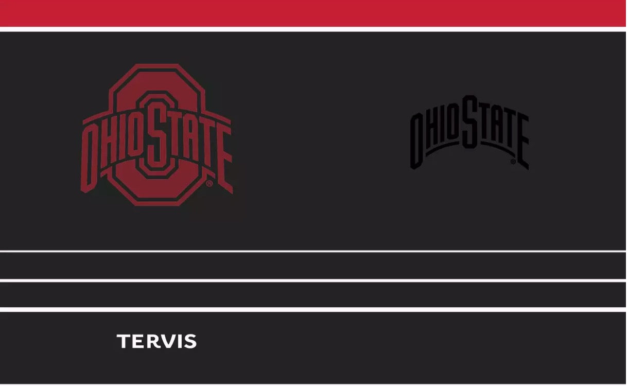 A graphic design template featuring the Ohio State Buckeyes logo in red on the left and a black version on the right, with the name 'TERVIS' in white at the bottom on a dark gray background.