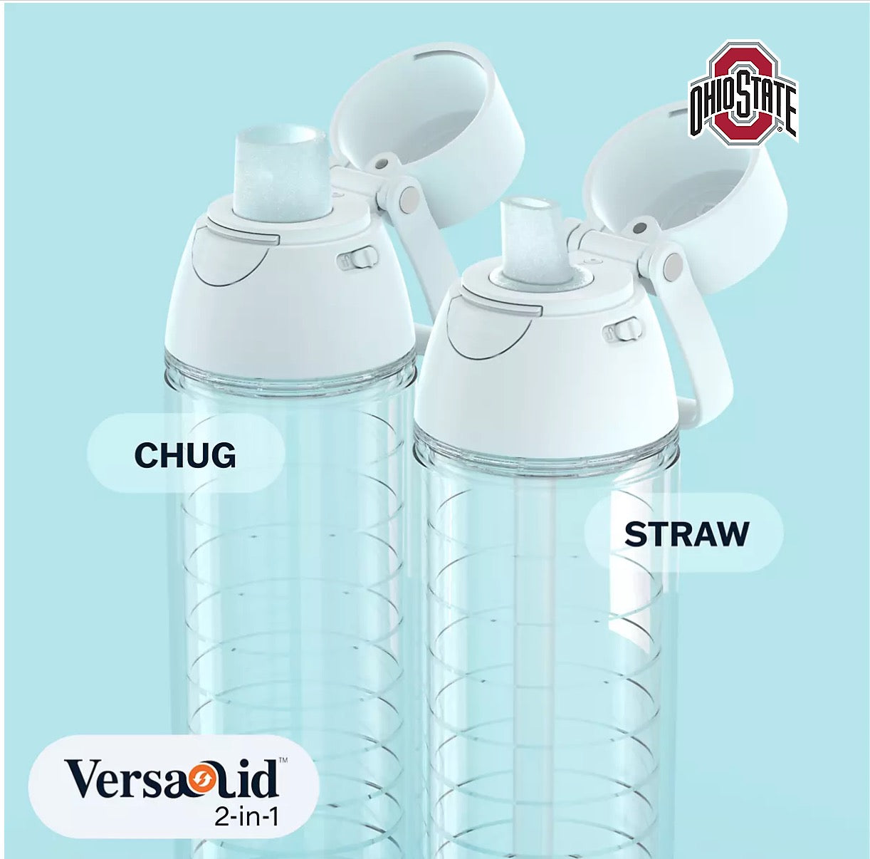 Two clear VersaLid 2-in-1 water bottles with white flip-top lids, shown on a light blue background. One bottle is labeled 'CHUG' and the other 'STRAW', with the OhioState logo in the top right corner.