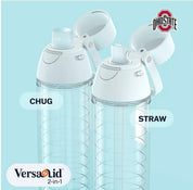 Two clear VersaLid 2-in-1 water bottles with white flip-top lids, shown on a light blue background. One bottle is labeled 'CHUG' and the other 'STRAW', with the OhioState logo in the top right corner.