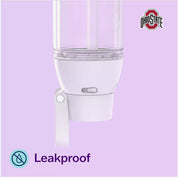 A white and clear water bottle with a flip spout, shown on a light purple background with the OhioState logo in the top right and a 'Leakproof' badge in the bottom left.